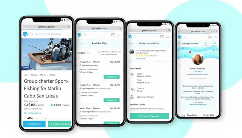 White-label GetMyBoat app showing secure trip listing, booking, payment, and confirmation flow on mobile screens