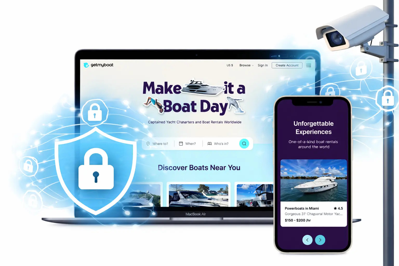 White-label GetMyBoat app displayed on laptop and mobile showing secure booking, encrypted data, and platform security features
