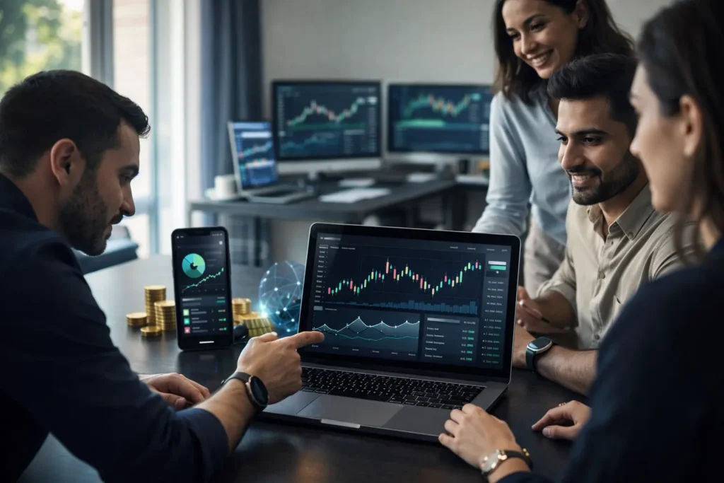 Groww Clone 2026 investment app interface with trading dashboards and fintech graphics