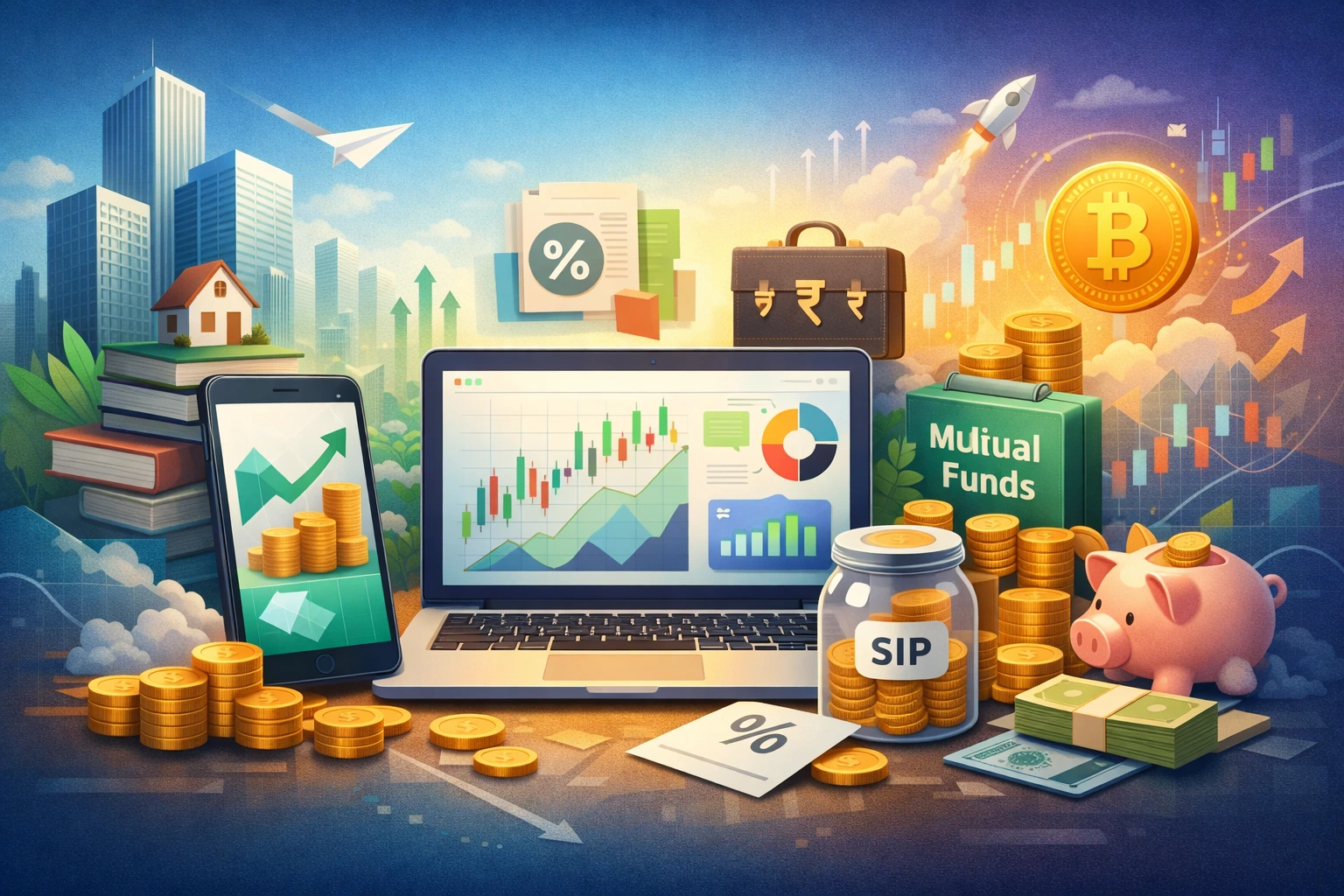 Groww revenue model illustration showing investment growth, stock charts, mutual funds, SIP savings, and digital finance tools