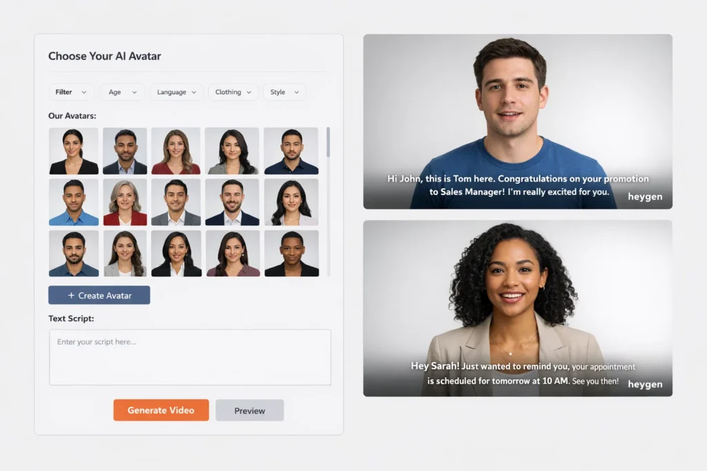 HeyGen AI platform interface displaying a grid of professional digital avatars with filters for age, language, clothing, and style, alongside personalized AI-generated video previews featuring realistic presenters delivering custom messages for marketing, sales, and appointment reminders.