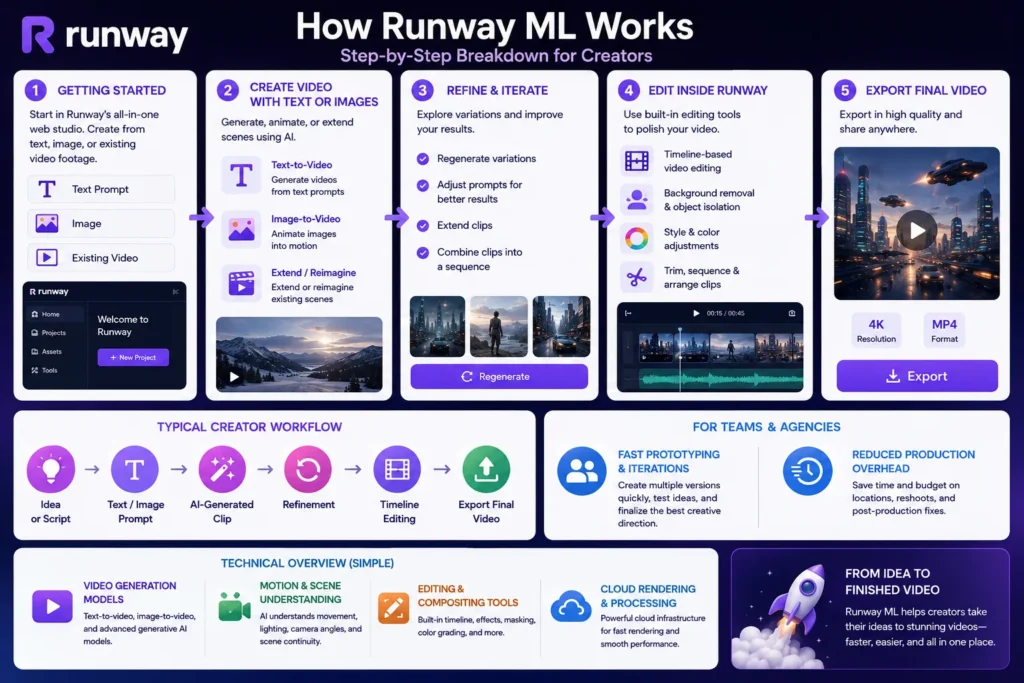 Runway ML workflow infographic showing AI video creation from text prompts, images and existing video, with text-to-video, image-to-video, extend and reimagine tools, clip refinement, timeline editing, background removal, style adjustments, cloud rendering, and final video export.