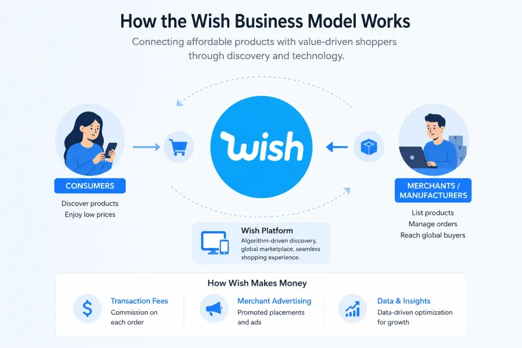 Business Model of Wish : Complete Strategy Breakdown 2026 1 Infographic showing how the Wish business model works through consumers, merchants, transaction fees, advertising revenue, and ecommerce marketplace operations.