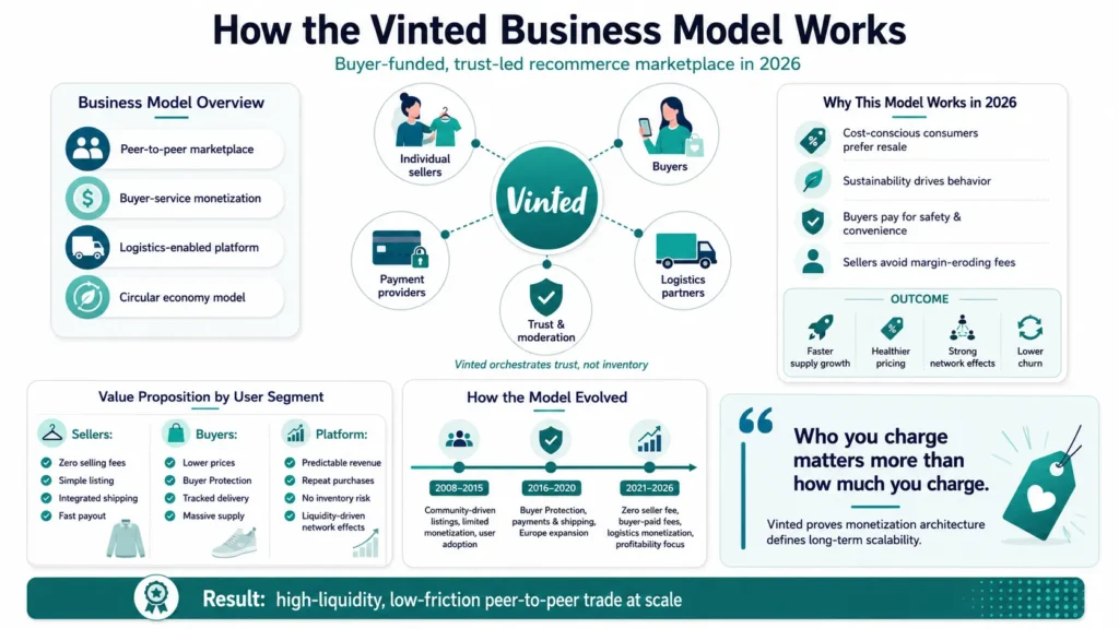 Business Model of Vinted : Complete Strategy Breakdown 2026 1 Vinted business model infographic showing peer-to-peer resale marketplace, buyers, sellers, payment providers, logistics partners, trust, moderation, buyer protection, and circular economy model.