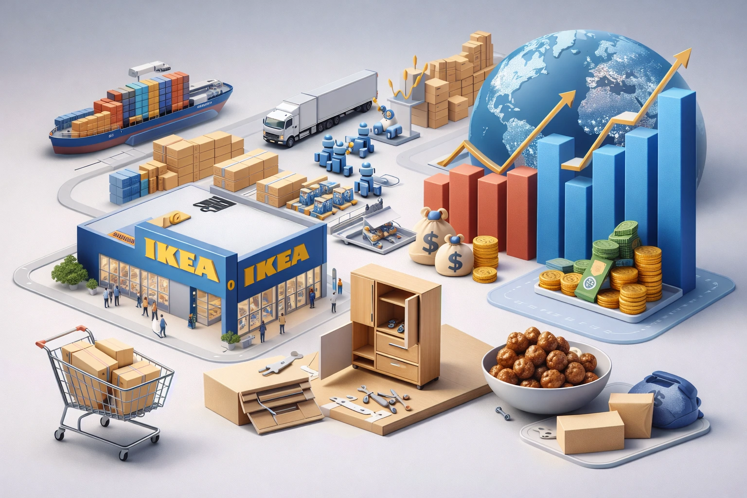 IKEA revenue model visualization showing cost structure, furniture sales, logistics efficiency, and global retail scale