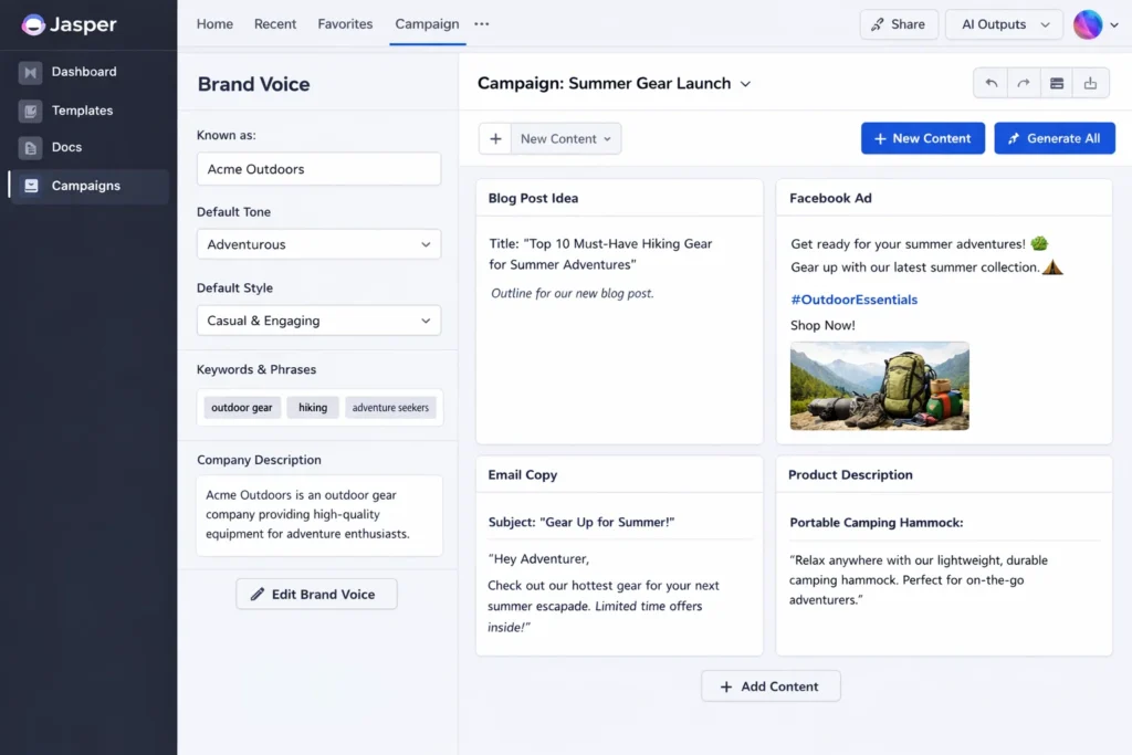 Jasper AI marketing automation platform displayed on a campaign dashboard featuring brand voice configuration, tone and style controls, and AI-generated content blocks including blog post ideas, Facebook ads, email copy, and product descriptions for a summer outdoor gear marketing campaign, highlighting enterprise content workflows and brand consistency tools.