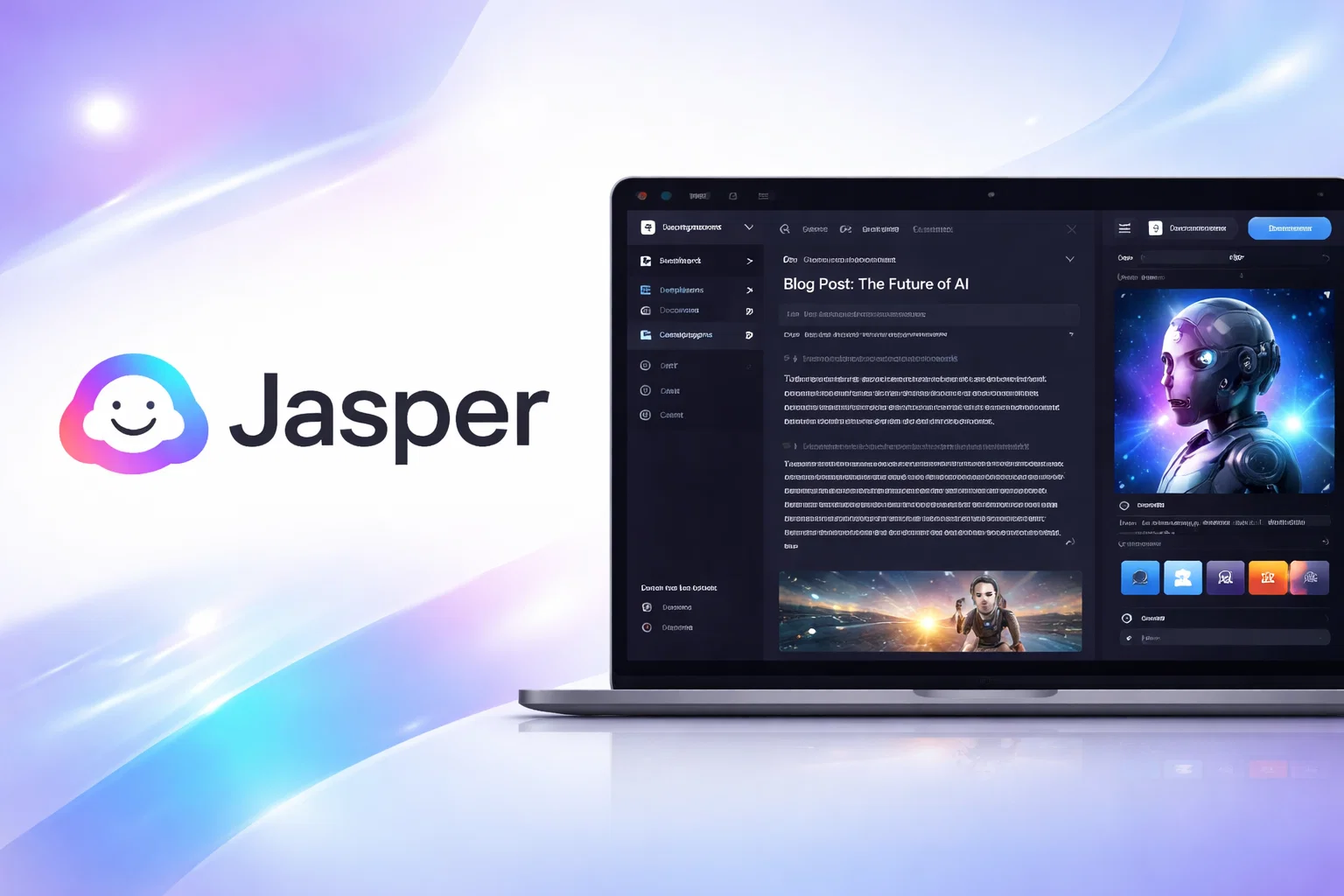 Jasper AI content creation platform displayed on a laptop interface showing an AI-powered blog editor with the article “The Future of AI,” visual content generation panel, and marketing tools for creating high-quality written and multimedia content, highlighting automated copywriting, creative workflows, and enterprise-grade content management features.