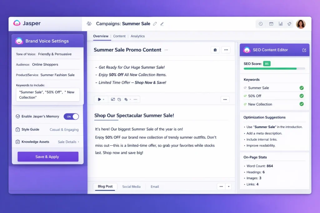Jasper AI marketing platform interface displaying SEO content editor tools alongside brand voice configuration for a summer sale campaign, featuring tone and audience controls, keyword inclusion, AI-generated promotional copy, real-time SEO scoring, optimization suggestions, and on-page performance metrics designed for enterprise content marketing and digital growth teams.