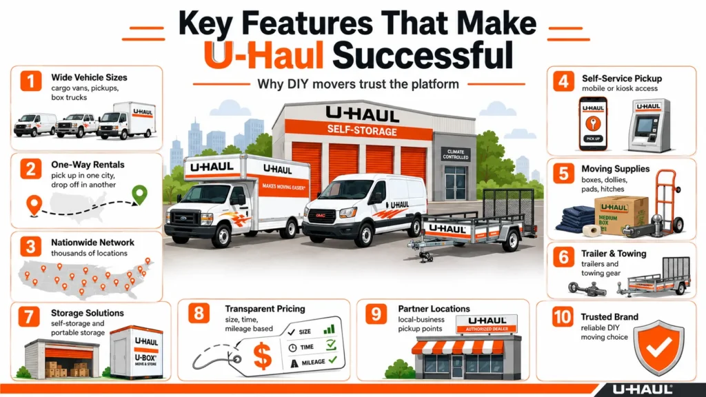 What Is U-Haul and How Does It Work? 2 U-Haul feature infographic showing wide vehicle sizes, one-way rentals, nationwide network, self-service pickup, moving supplies, trailer towing, storage solutions, transparent pricing, partner locations, and trusted brand value.