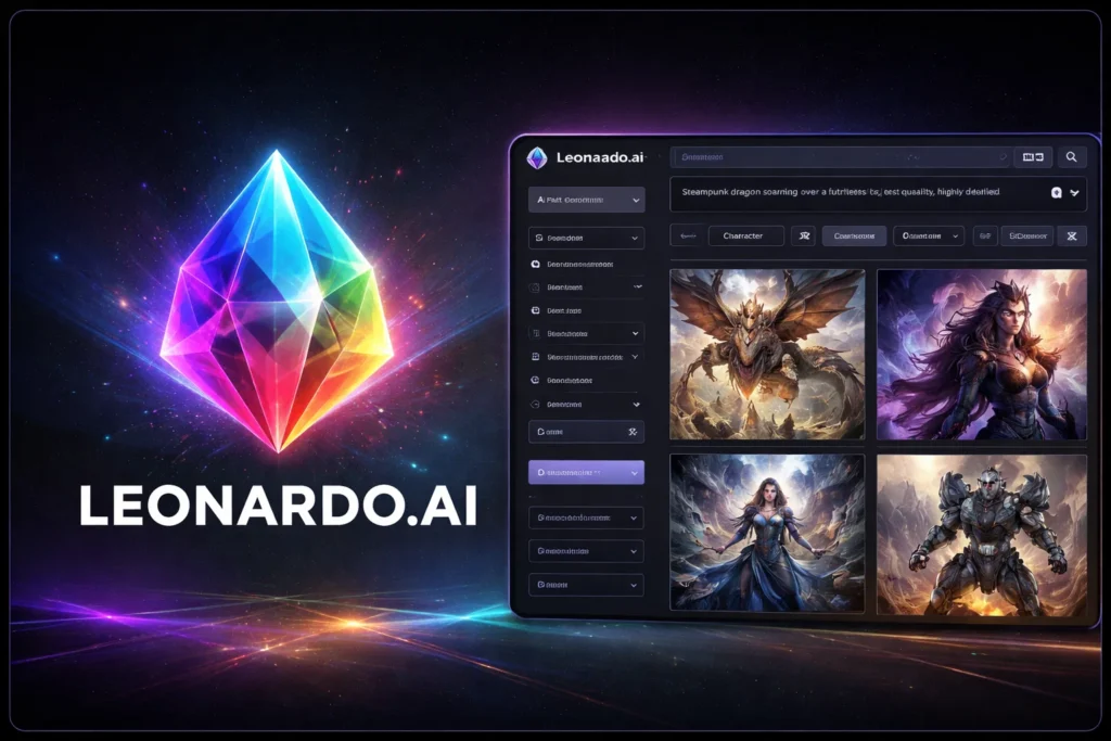 Leonardo.AI image generation dashboard showing futuristic cityscape images created using diffusion models.