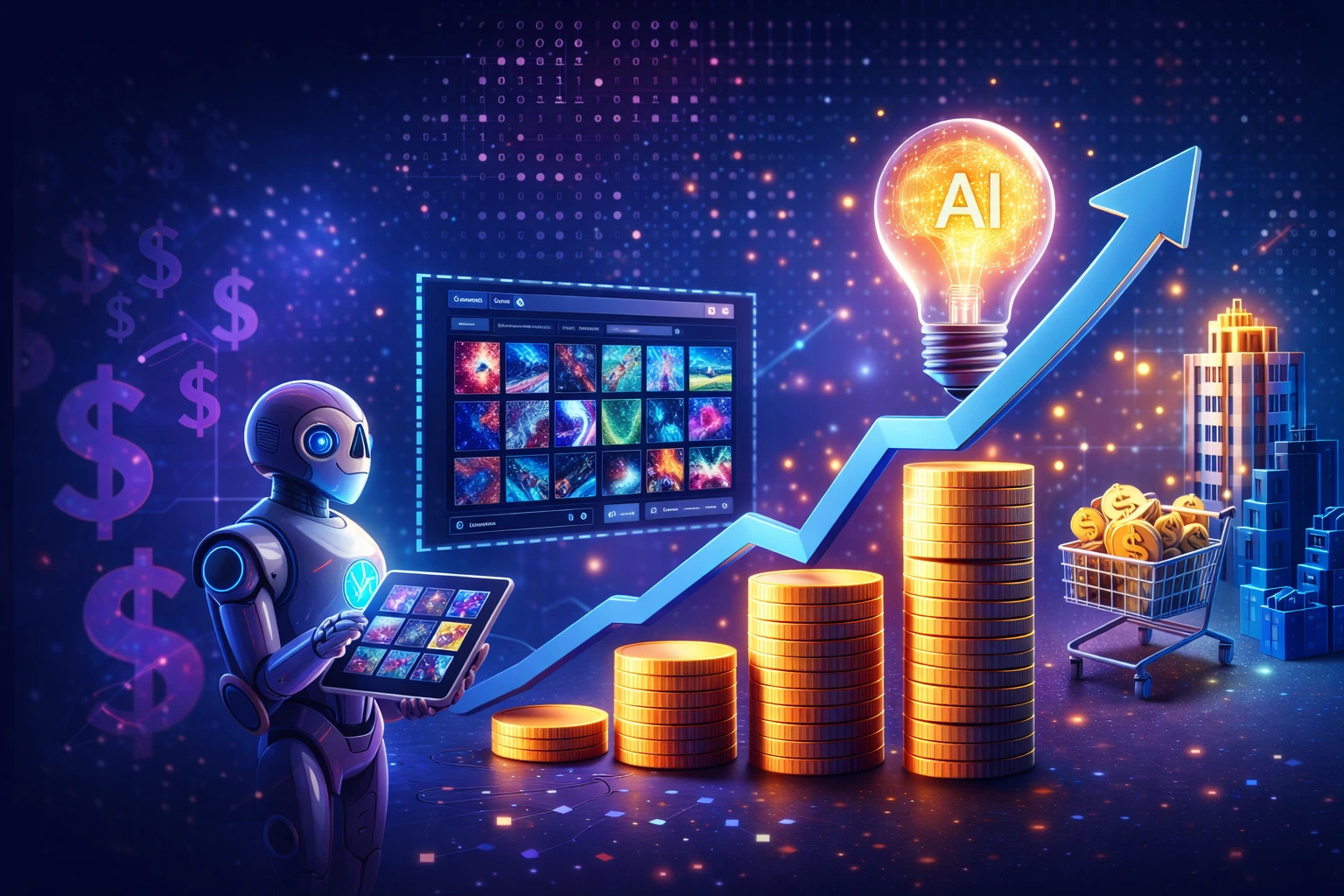 Leonardo AI marketplace revenue model showing AI-generated content platform with creator monetization and digital marketplace growth visualization