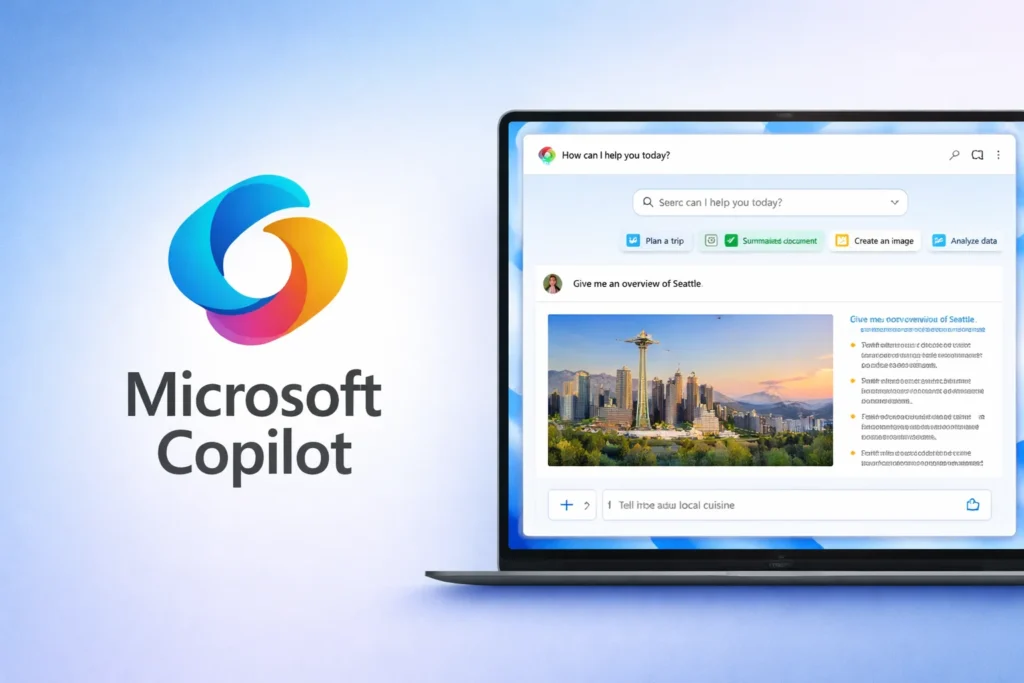 Microsoft Copilot AI assistant interface displayed on a laptop screen, showing productivity features such as document summarization, image creation, data analysis, and travel planning within a conversational AI workspace.