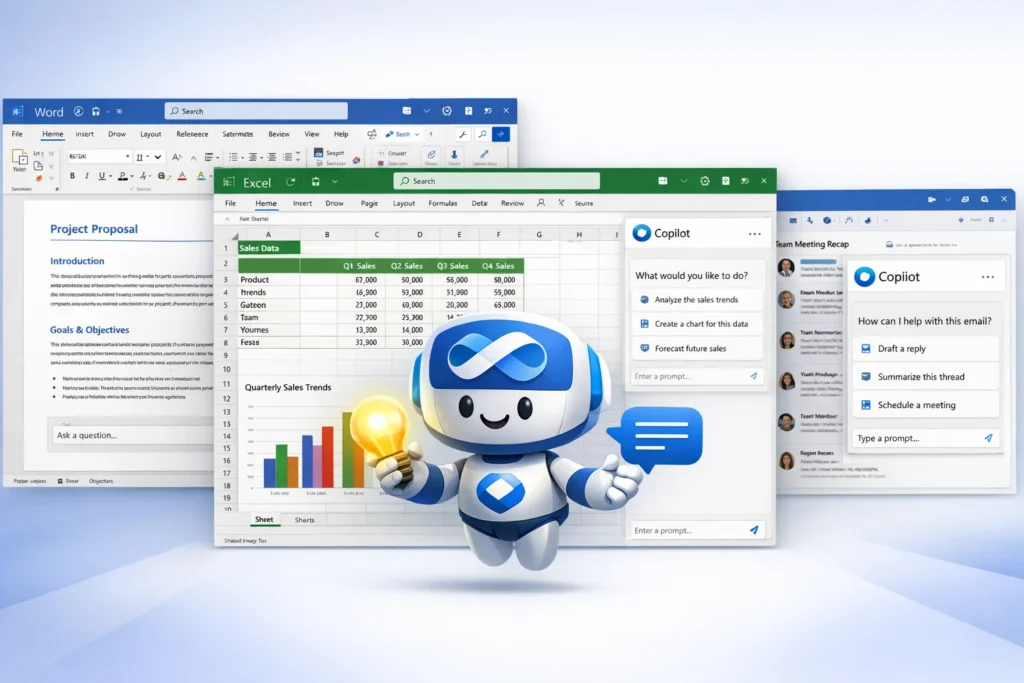 Microsoft Copilot AI assistant integrated with Microsoft Word, Excel, and Outlook, helping users analyze data, generate documents, summarize emails, and automate productivity tasks within Microsoft 365 applications.
