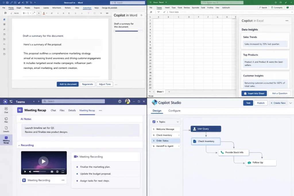 Microsoft Copilot shown across Word, Excel, Microsoft Teams, and Copilot Studio, demonstrating AI-powered document drafting, spreadsheet insights, meeting summaries, and custom copilot workflow creation within Microsoft 365.