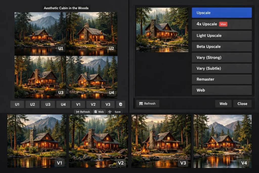 Midjourney AI image generation interface displaying an aesthetic cabin in the woods with multiple variations, upscaling options, and remix controls for cinematic forest cabin artwork.