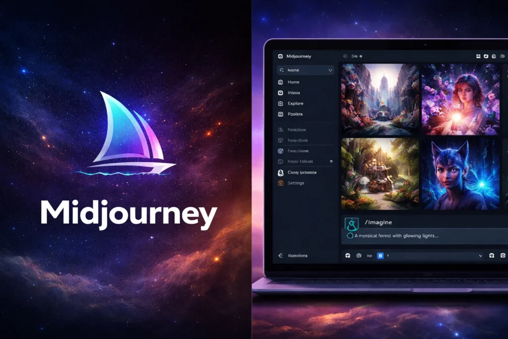 Midjourney interface showing AI-generated fantasy artwork gallery with prompt-based image creation dashboard on desktop.