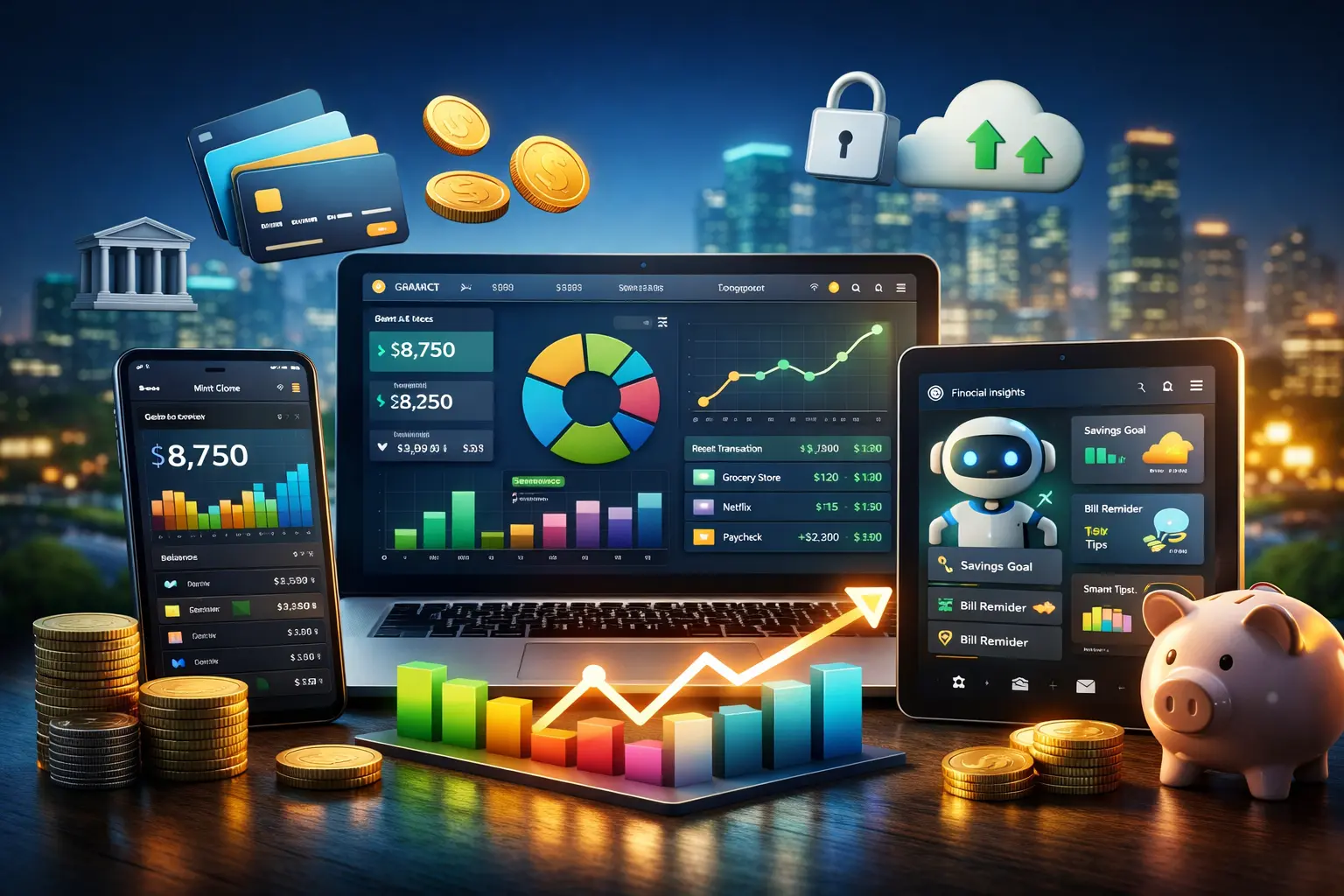 Mint clone Script dashboard showing AI-powered budgeting and financial insights