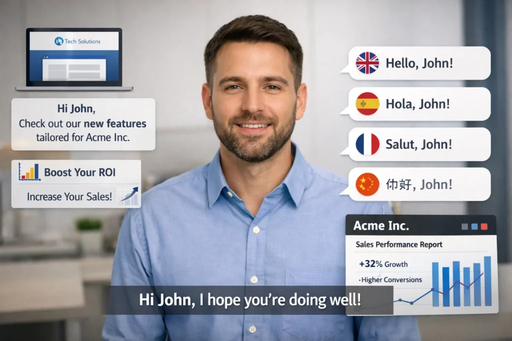 AI-powered digital avatar presenting a personalized business message in multiple languages including English, Spanish, French, and Chinese, alongside enterprise CRM dashboards showing sales growth, ROI metrics, conversion performance, and customer engagement analytics for global marketing and sales automation.
