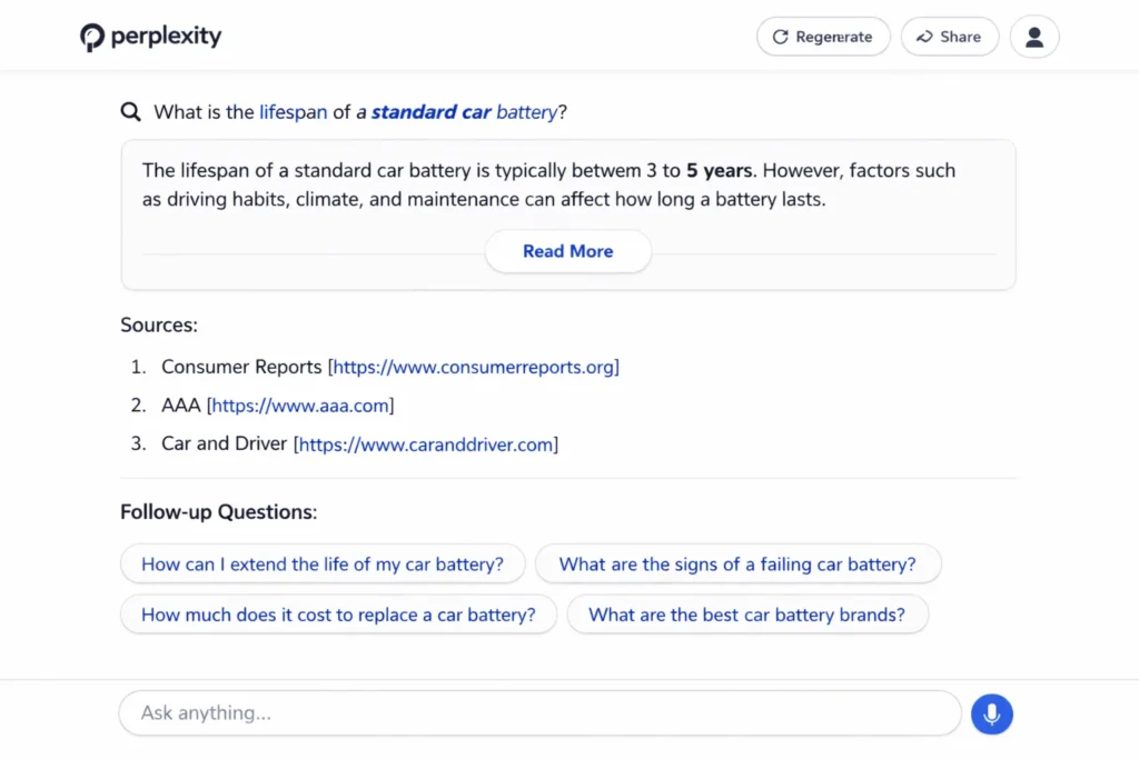Perplexity AI interface showing citation-based AI answer for standard car battery lifespan with trusted web sources.