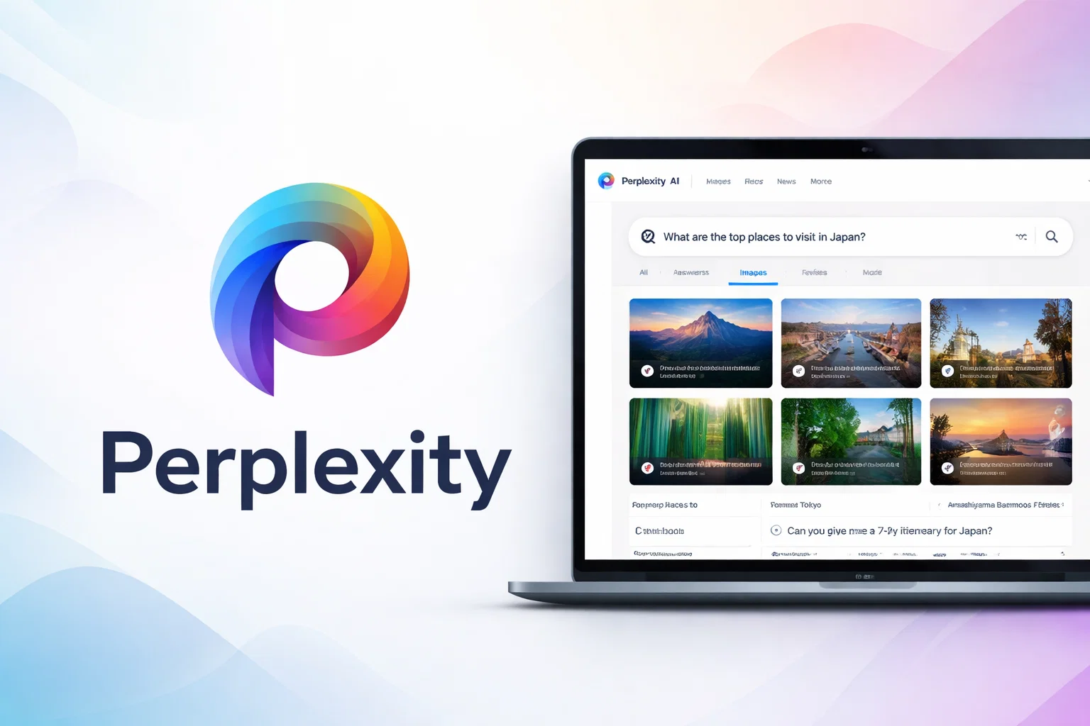 Perplexity AI interface showing AI-powered search results and visual answer cards for travel queries on a laptop screen.