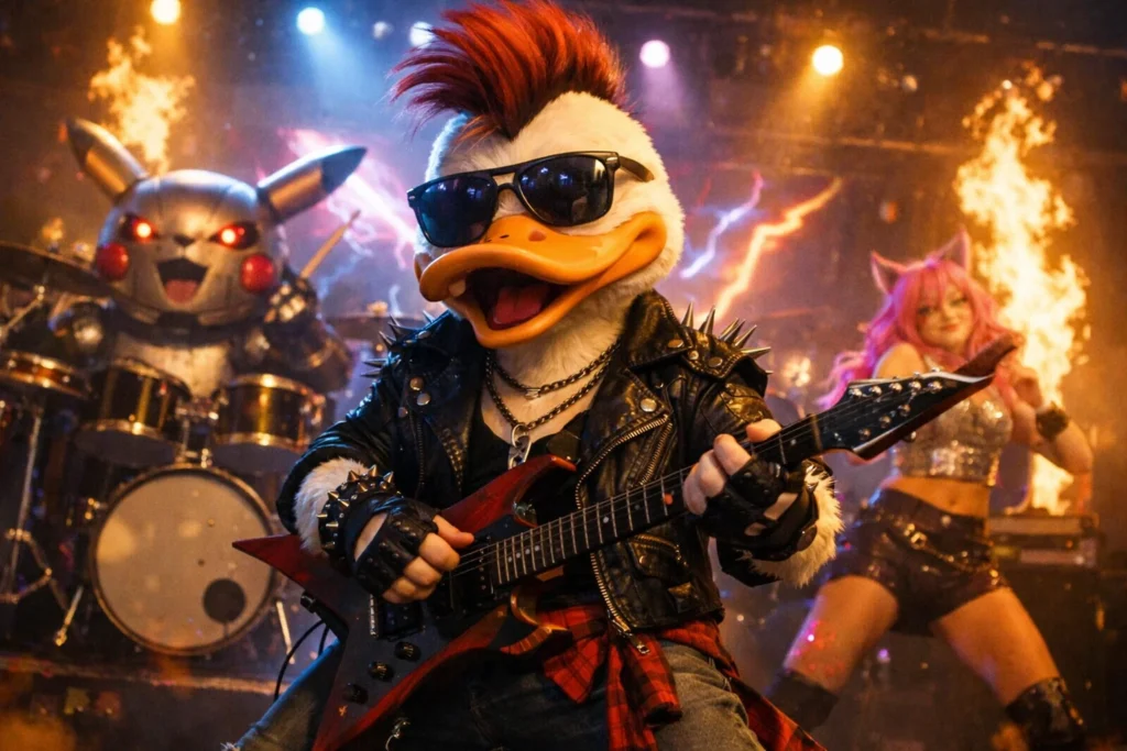 Pika Labs AI-generated animated rock band character performing on stage with electric guitar.