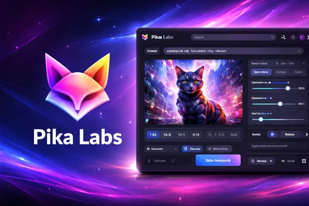 Pika Labs AI video generation interface showing cyberpunk cat in futuristic city.