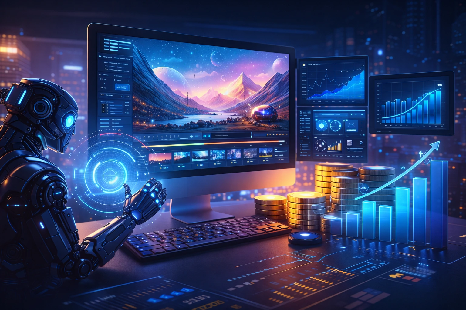 Pika Labs revenue model visualization showing AI video creation platform with financial growth charts and monetization dashboard in a futuristic workspace