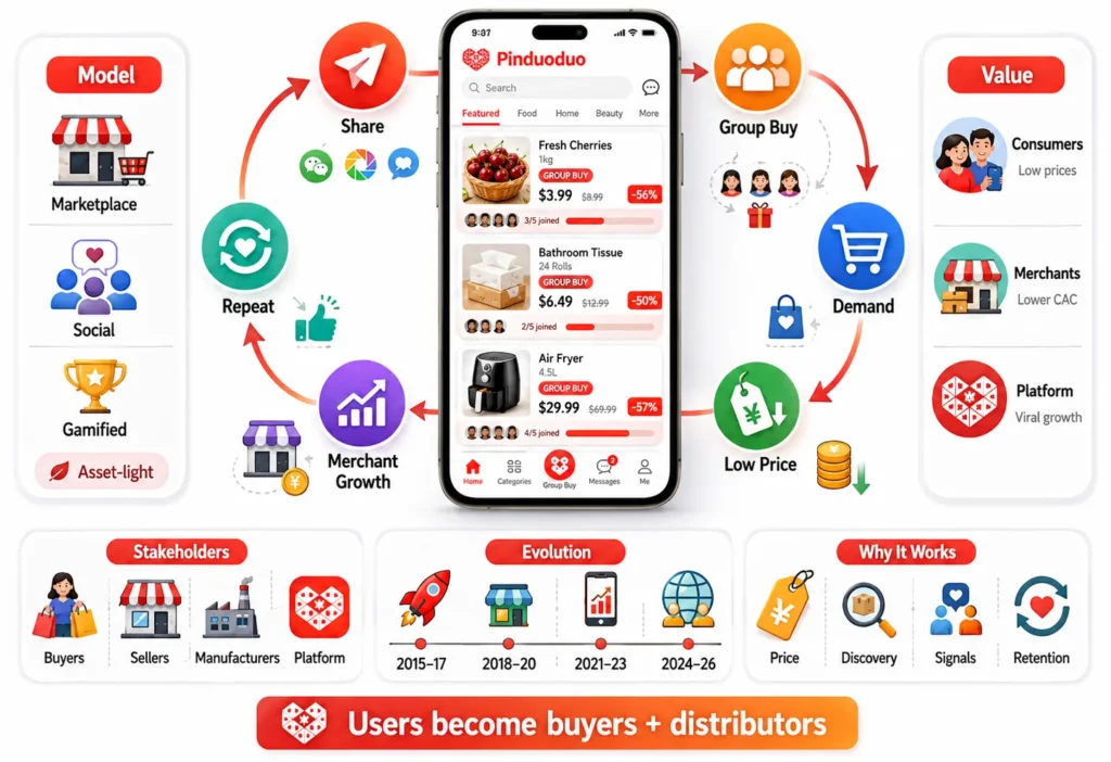 Business Model of Pinduoduo : Complete Strategy Breakdown 2026 1 Pinduoduo business model infographic showing social sharing, group buying, demand generation, lower prices, merchant growth, and repeat purchases