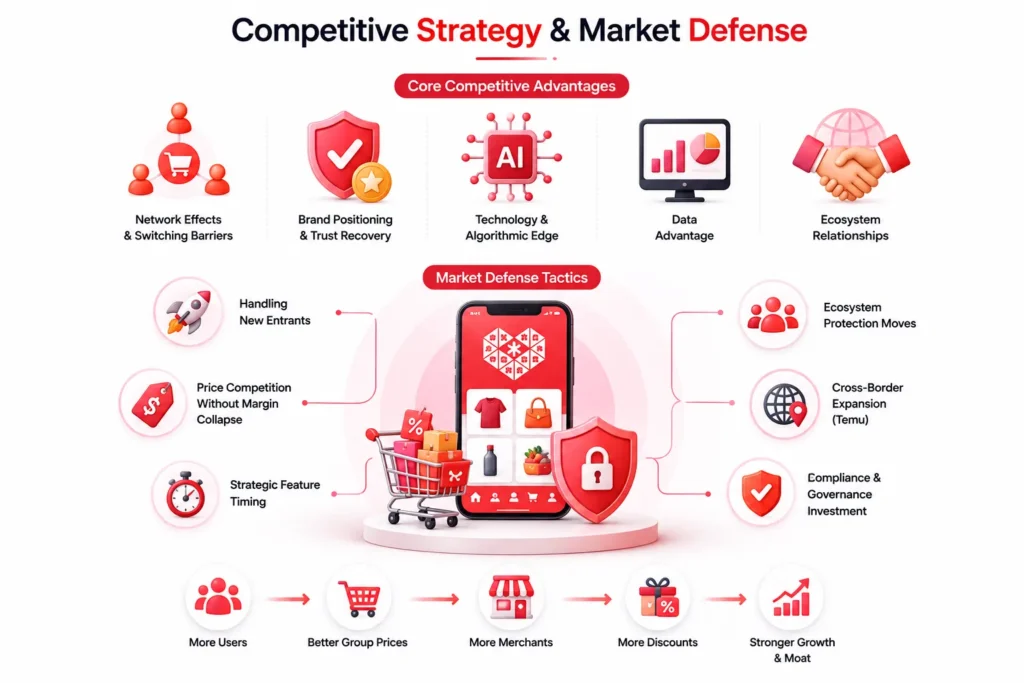 Business Model of Pinduoduo : Complete Strategy Breakdown 2026 2 Pinduoduo competitive strategy and market defense infographic showing network effects, brand trust, AI, data, ecosystem protection, and cross-border expansion