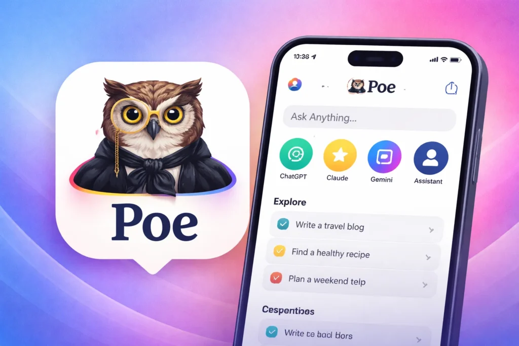 Poe AI app interface showing multiple AI assistants including ChatGPT, Claude, and Gemini, allowing users to ask questions, explore tasks, and switch between different AI models in one platform.