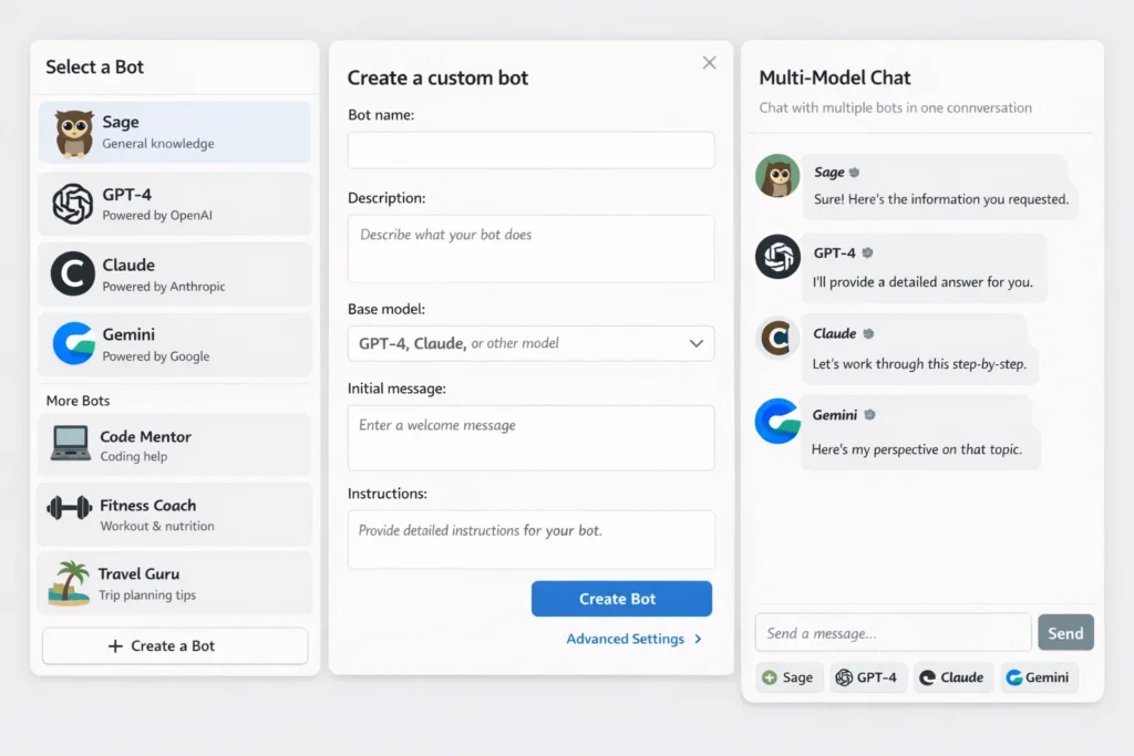 Poe interface showing custom AI bot creation with GPT-4, Claude, and Gemini, alongside a multi-model chat where multiple AI bots respond in a single conversation.