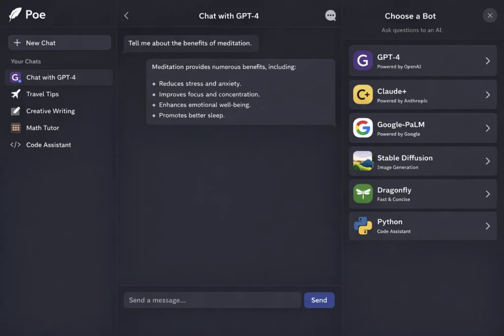 Poe desktop interface showing a chat with GPT-4 and a bot selection panel featuring Claude+, Google-PaLM, Stable Diffusion, Dragonfly, and Python assistant.