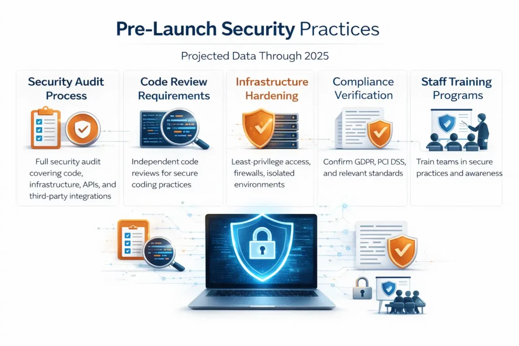 Pre-launch security practices for white-label apps including security audits, code reviews, infrastructure hardening, compliance checks, and staff training