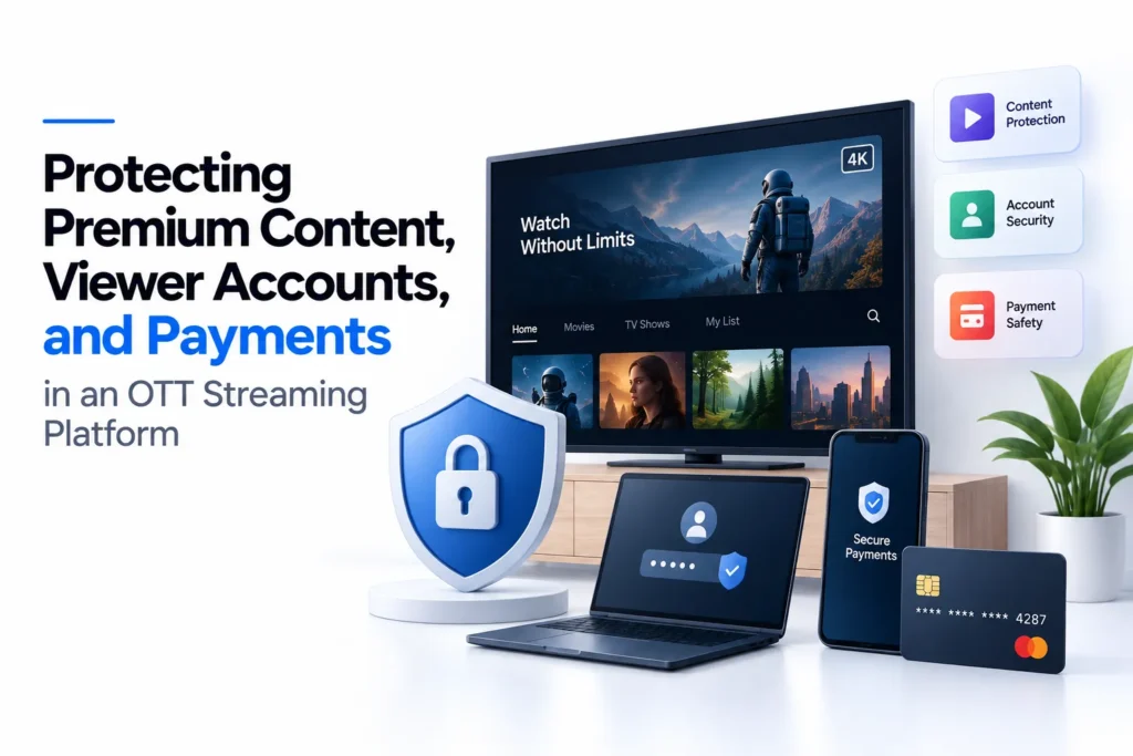 OTT streaming platform security showing premium content protection, viewer account security, secure payments, and access controls.