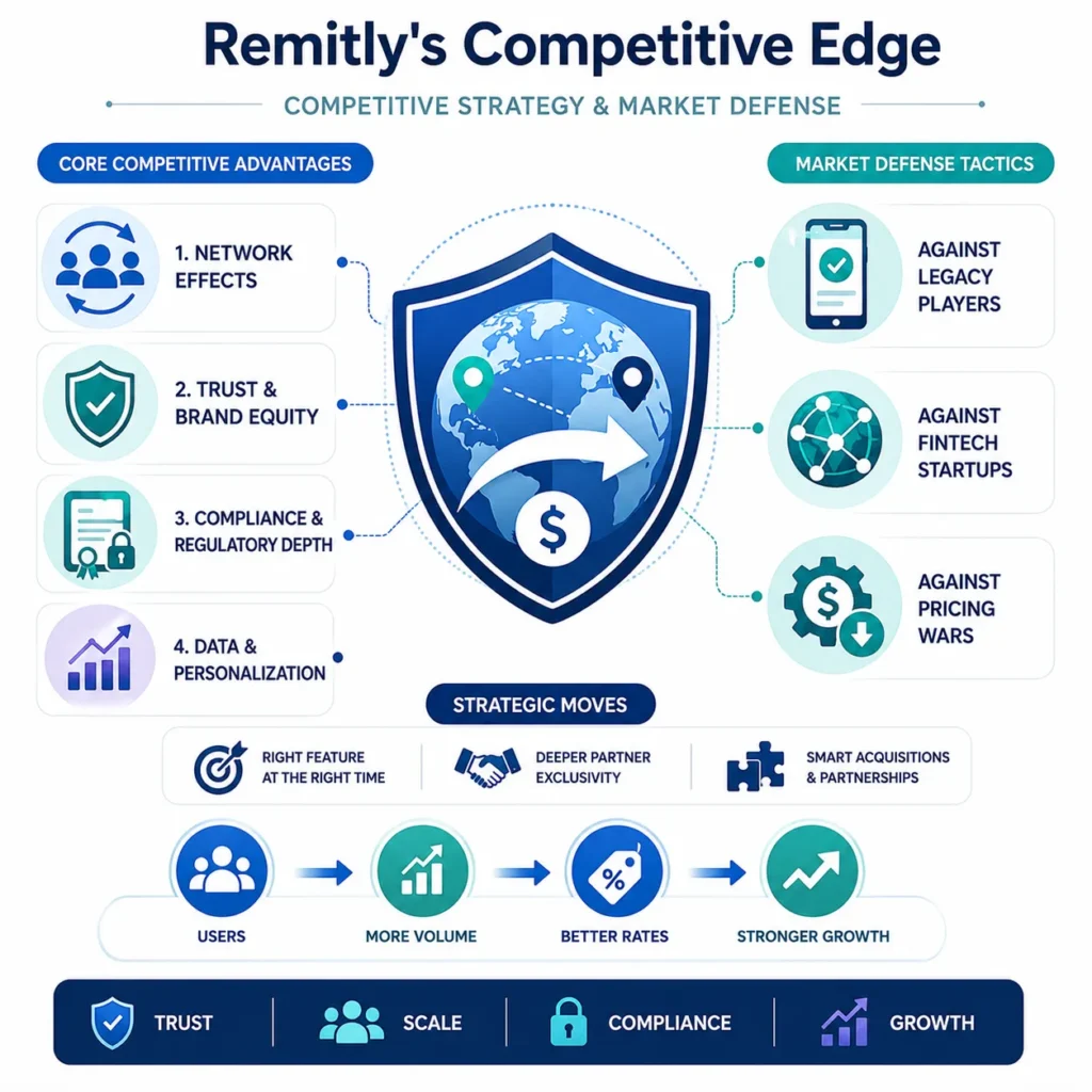 Remitly competitive strategy infographic showing network effects, brand trust, compliance, data personalization, market defense tactics, and growth advantages in 2026