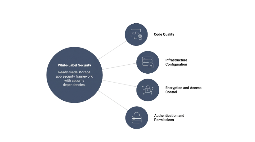 How Safe is a White-Label Google Drive App? Security Guide 2026 1 White-label storage app security framework diagram showing code quality, infrastructure security, encryption, and authentication systems