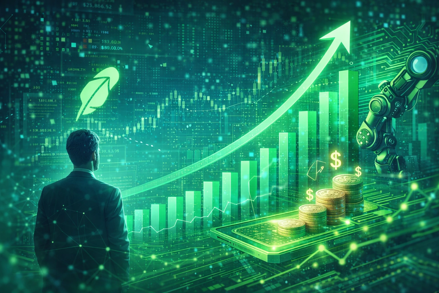 Futuristic financial trading interface with AI-powered analytics and rising market indicators, representing Robinhood’s revenue model, fintech innovation, and global digital investing growth in 2025.
