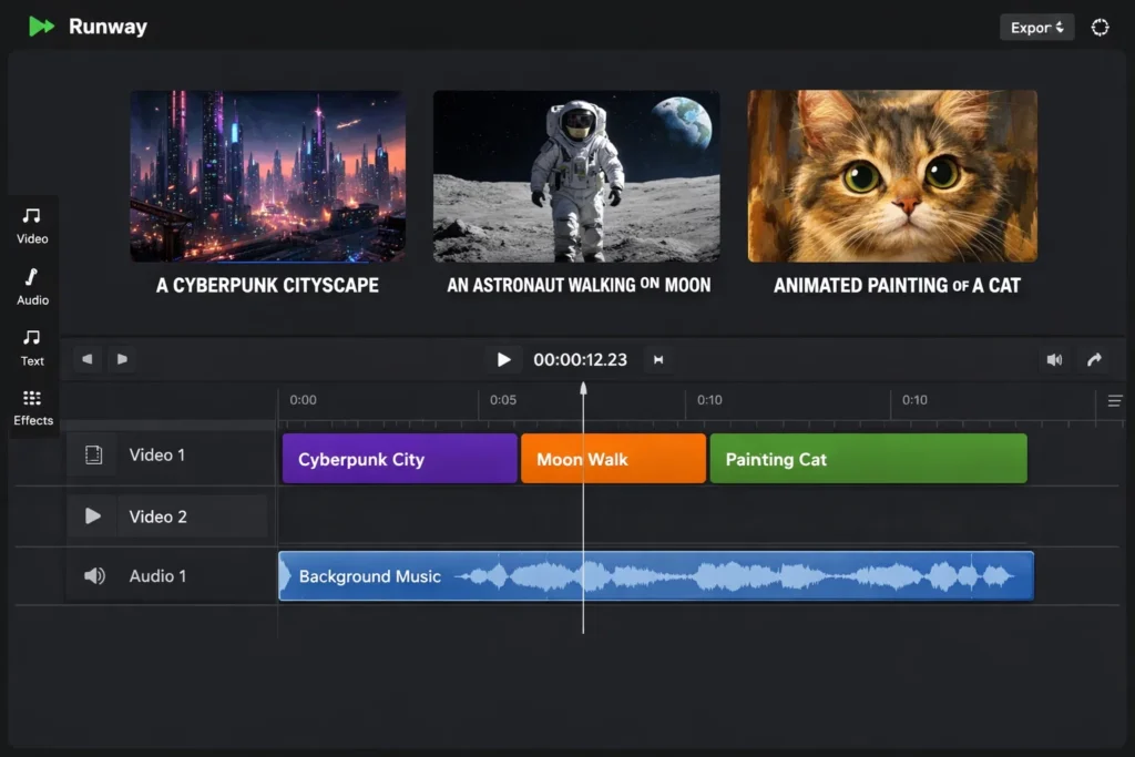 Runway AI video editing interface displaying multiple generated clips including a cyberpunk cityscape, an astronaut walking on the moon, and an animated cat painting, arranged on a timeline with background music and editing controls.