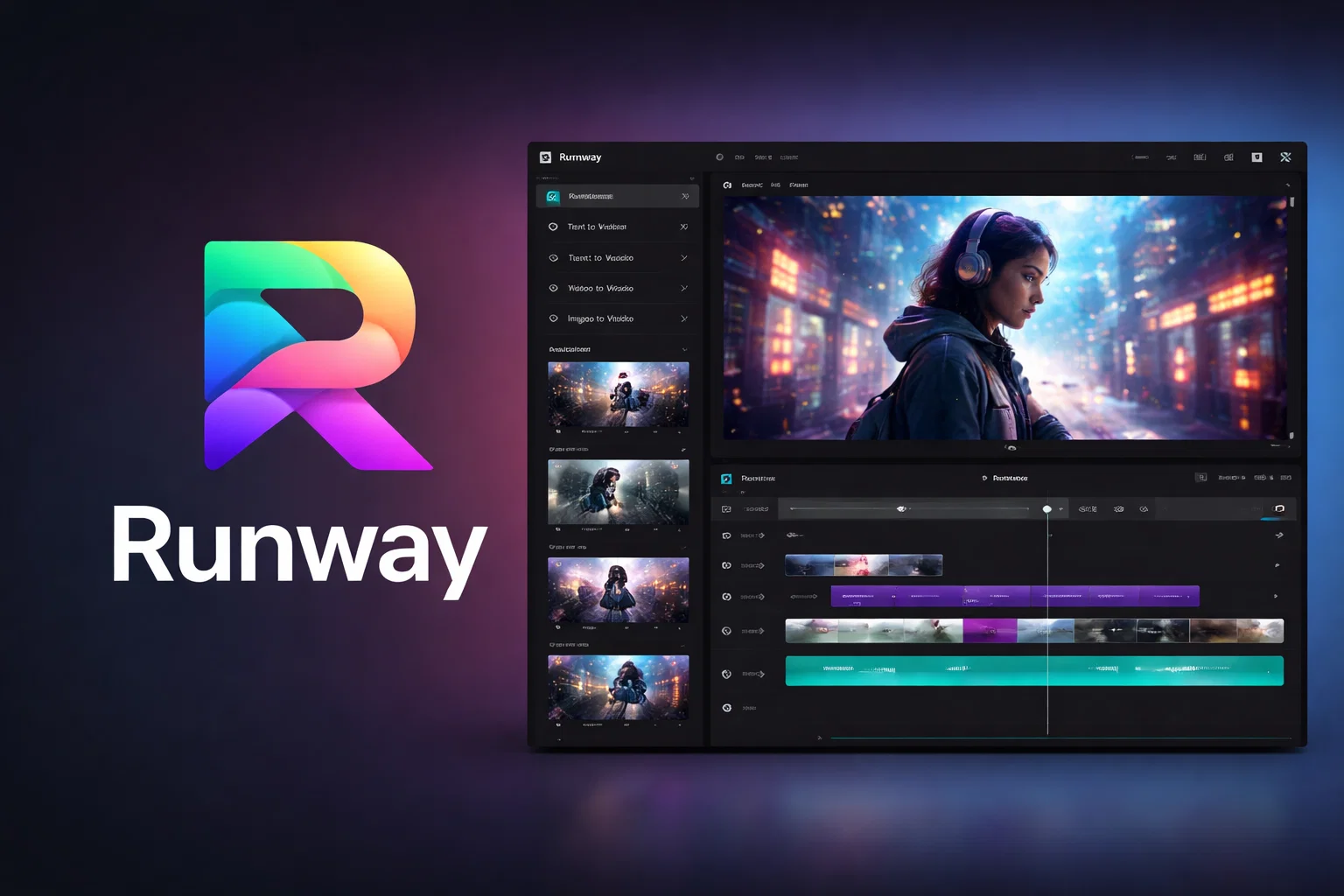 Runway AI interface showing advanced video generation tools, including text-to-video, image-to-video, cinematic timeline editing, and AI-powered visual effects within a modern creative dashboard.