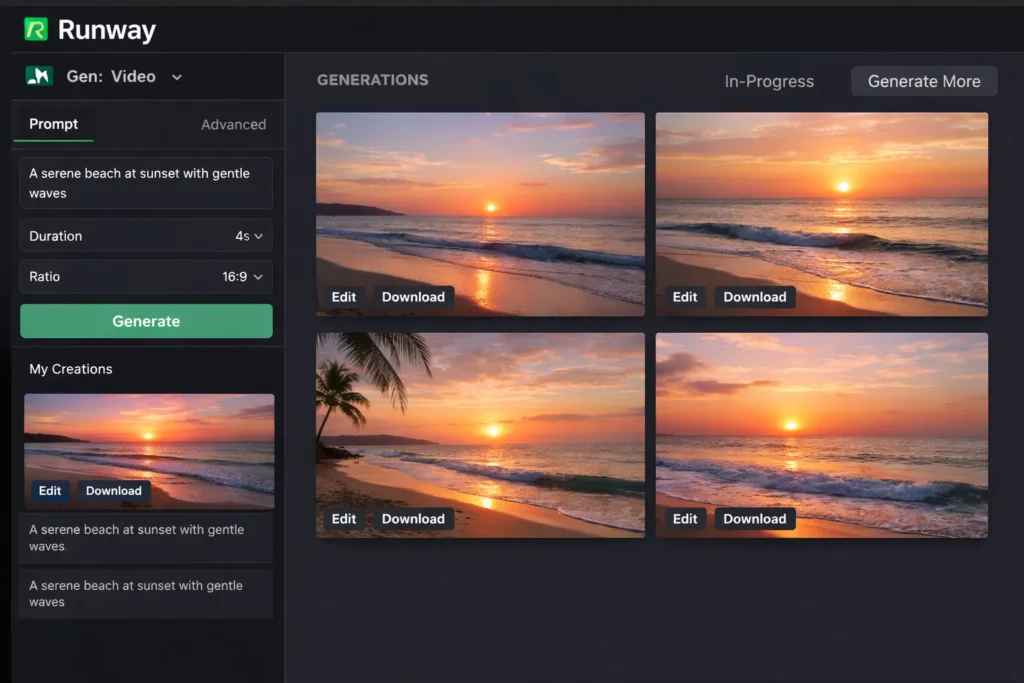 Runway AI Gen Video dashboard showing text-to-video generation of a serene beach at sunset with gentle waves, preview thumbnails, duration settings, aspect ratio options, and video editing controls.