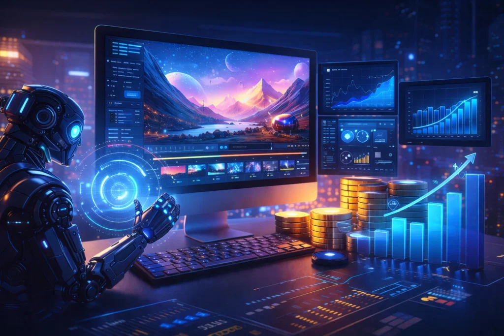 Runway ML revenue model visualization showing AI video platform with growth charts, monetization dashboard, and creative AI workspace