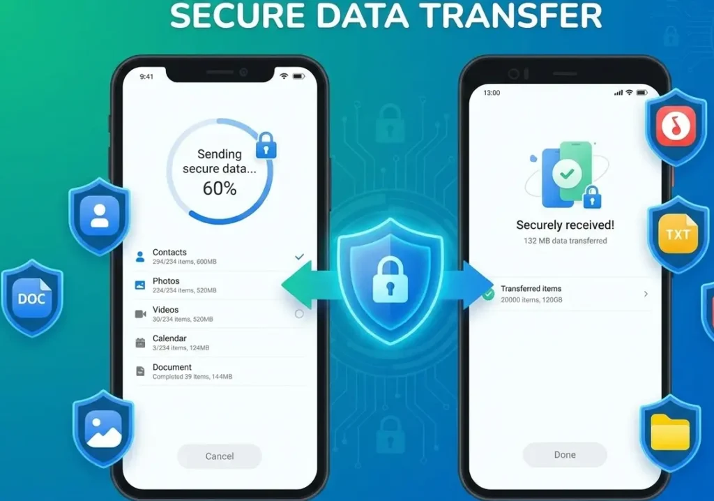secure data transfer illustration showing encrypted file sharing in a TransferNow app interface