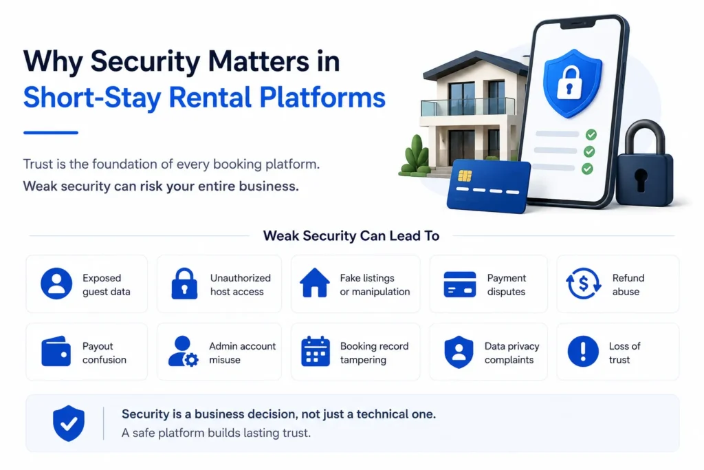 Why security matters in short-stay rental platforms for protecting guest data, host accounts, payments, bookings, payouts, and user privacy.