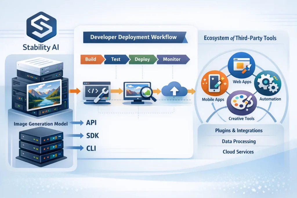 Stability AI developer deployment workflow showing build, test, deploy, and monitor stages with API, SDK, and CLI integration across third-party tools.