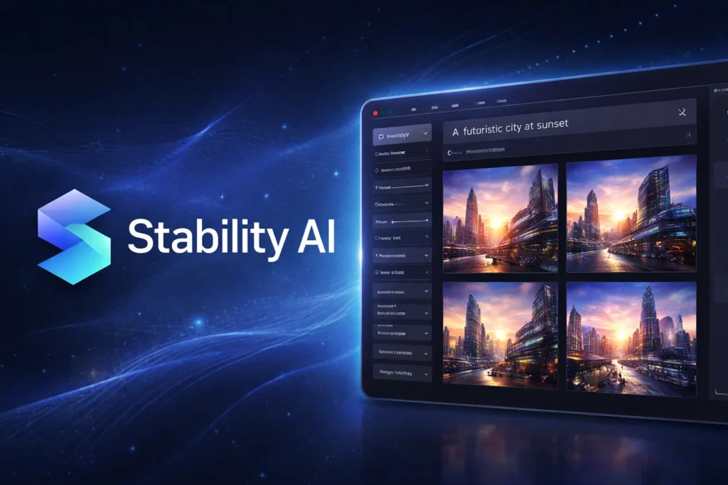 Stability AI image generation interface displaying multiple futuristic city at sunset images with prompt controls, model settings, and AI-generated visual variations.