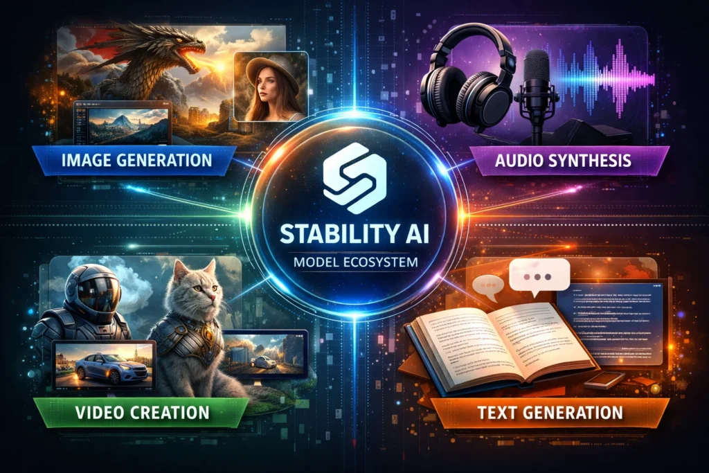 Stability AI model ecosystem showcasing image generation, audio synthesis, video creation, and text generation capabilities within a unified generative AI platform.