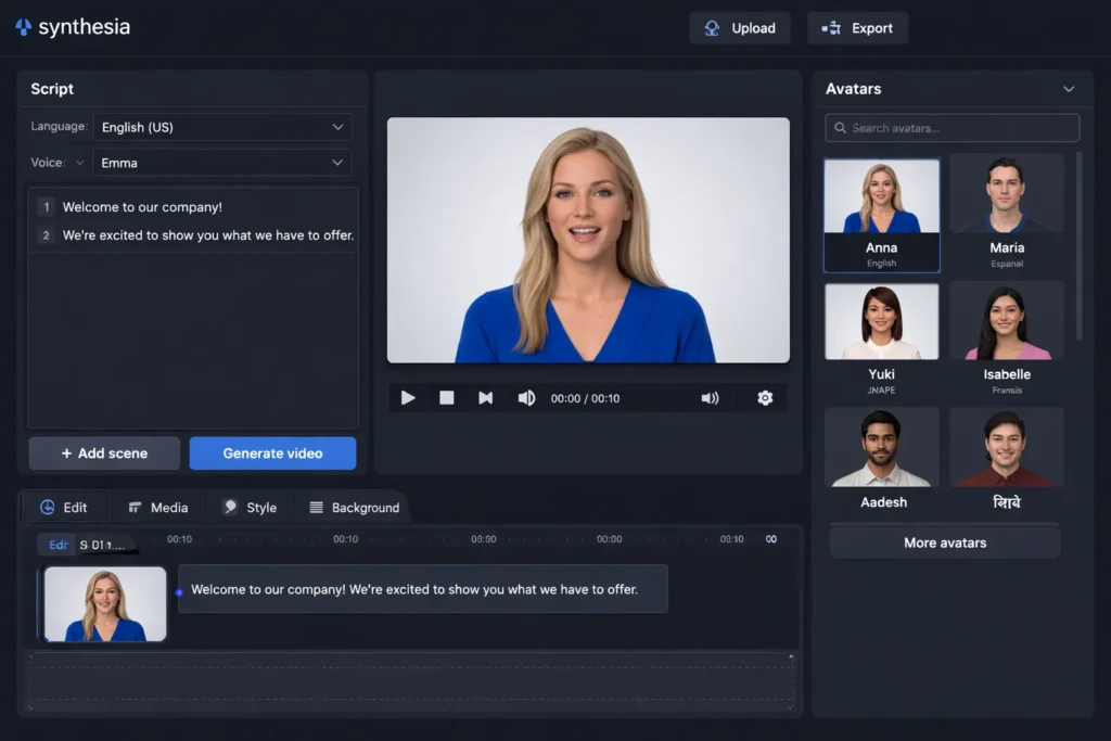 Synthesia AI video creation platform interface displaying a realistic female digital avatar in a studio-style frame, with a script editor set to English language and Emma voice, a timeline for scene management, and an avatar selection panel featuring multilingual presenters for generating professional training and corporate videos.