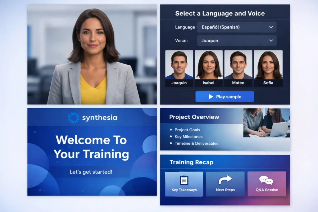 Synthesia AI platform interface displaying a professional female digital avatar, a language and voice selection panel set to Spanish with multiple presenter options, and training screens including welcome slides, project overview, and recap sections for generating AI-powered corporate and e-learning videos.