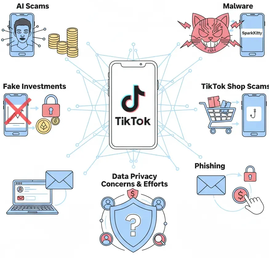 White-label TikTok app fraud risks showing AI scams, malware, phishing, fake investments, and data privacy concerns