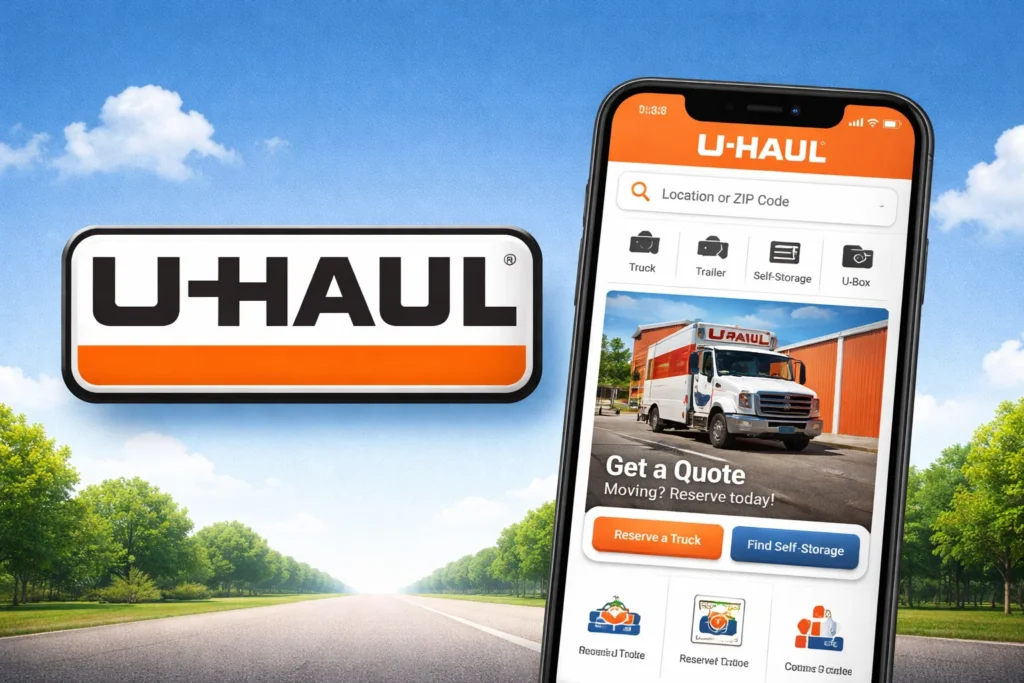 U-Haul truck rental mobile app interface showing location search, moving truck options, storage services, and instant quote and reservation features for household moving.